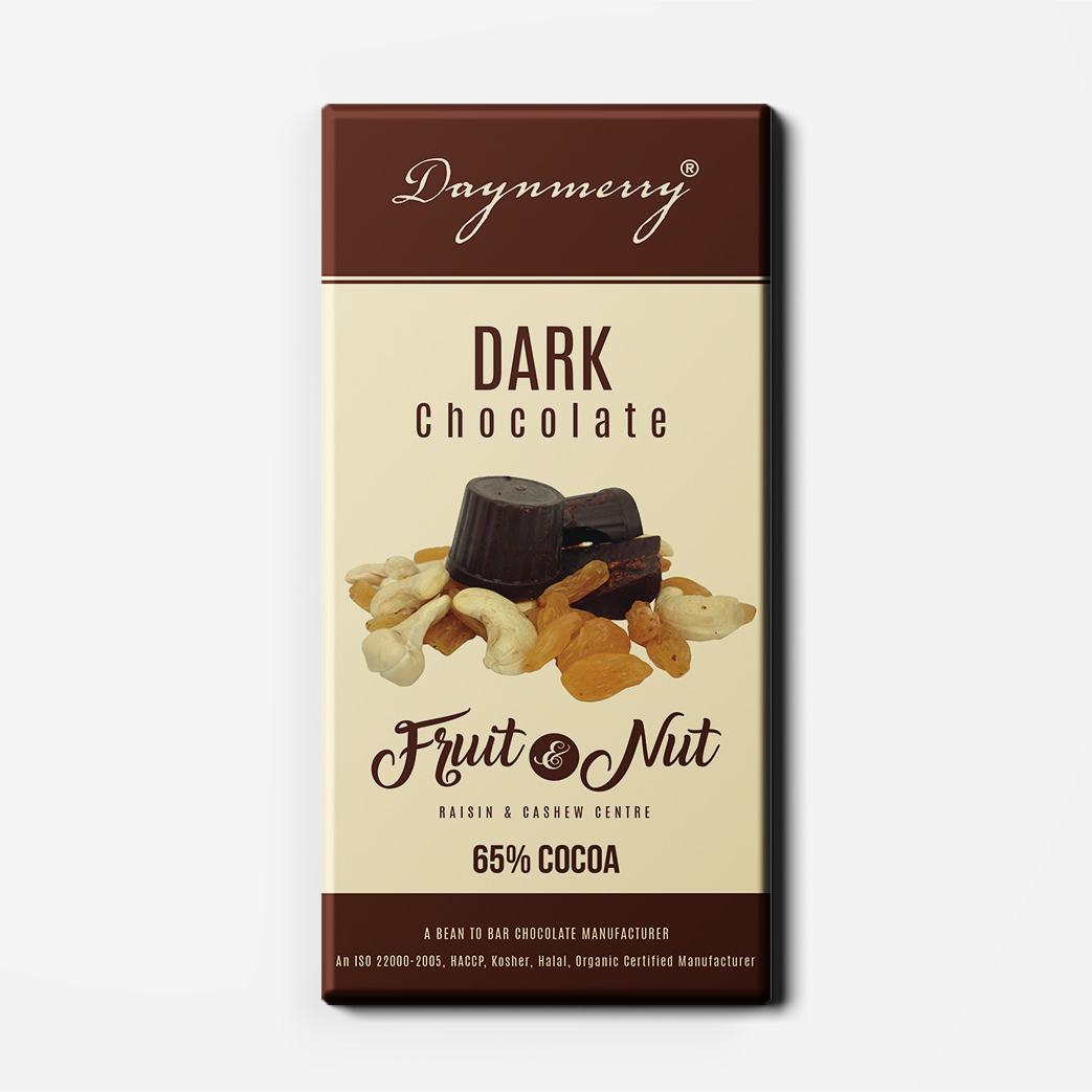 65% dark Chocolate with Fruit& Nut.100Gm. Rate 350.00