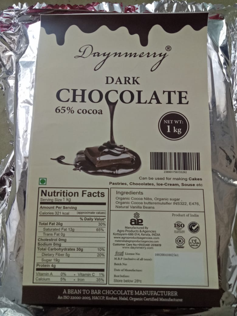 Daynmerry Dark Chocolate 65% Cocoa 1 kg Bar
