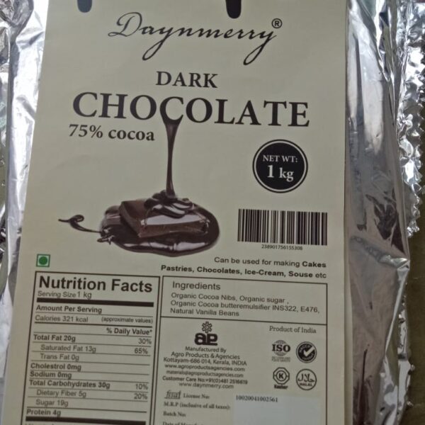 Daynmerry Dark Chocolate 75% Cocoa 1 KG Bar