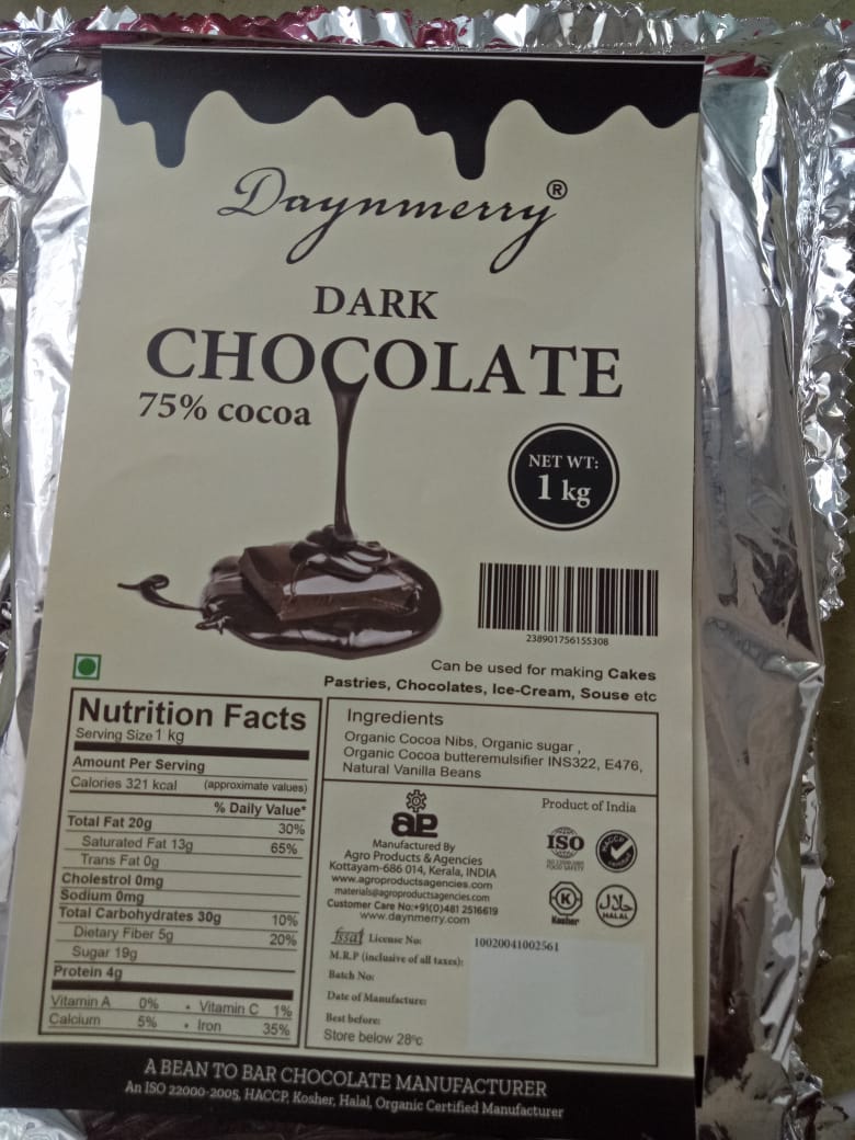 Daynmerry Dark Chocolate 75% Cocoa 1 KG Bar